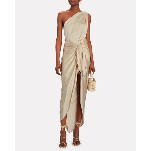 Baobab Marea Satin Dress in Caramel Medium New Womens One Shoulder Midi - Picture 12 of 16